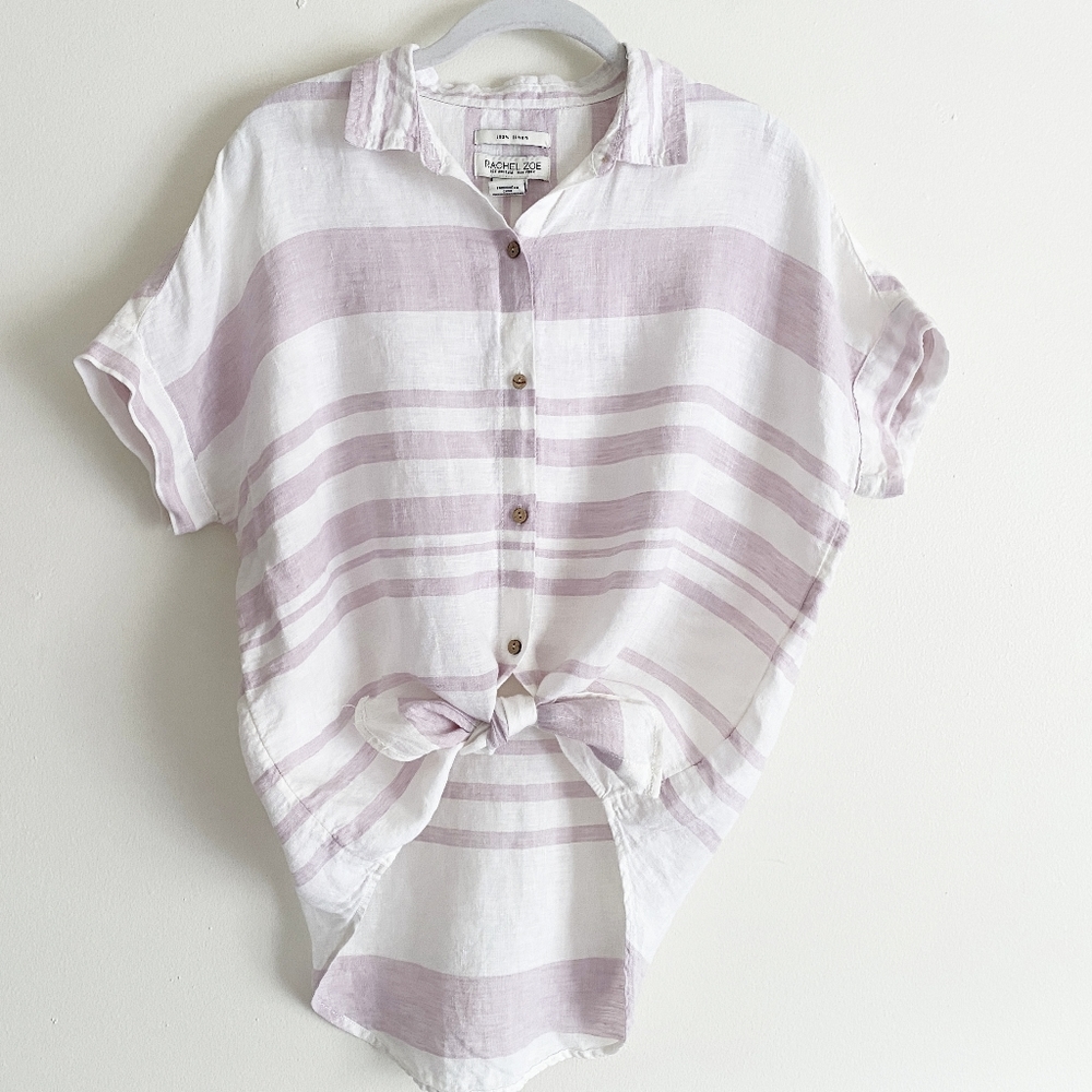 Rachel Zoe linen button-front shirt pink stripe